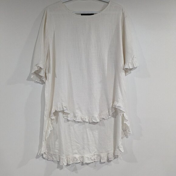 Creation Linen Blend High Low Top with Ruffle Trim White Size XXL - Picture 1 of 5